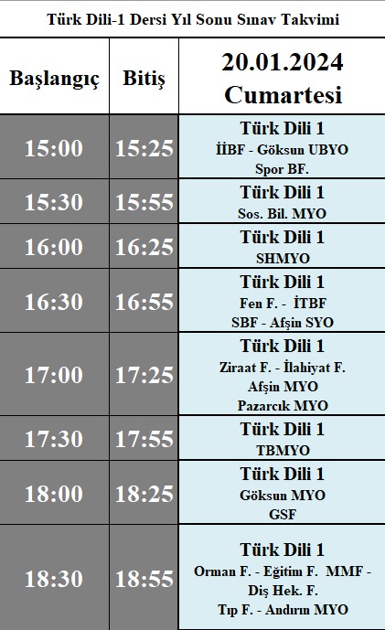 TÜRK DİLİ DERSİ FİNAL SINAVI YENİ GÜN VE SAATLER